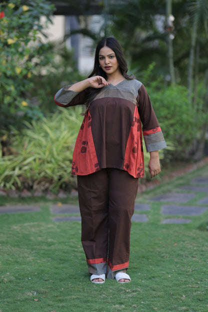 Brown-Reddish Orange Checkered Kusum Print Co-ord Set
