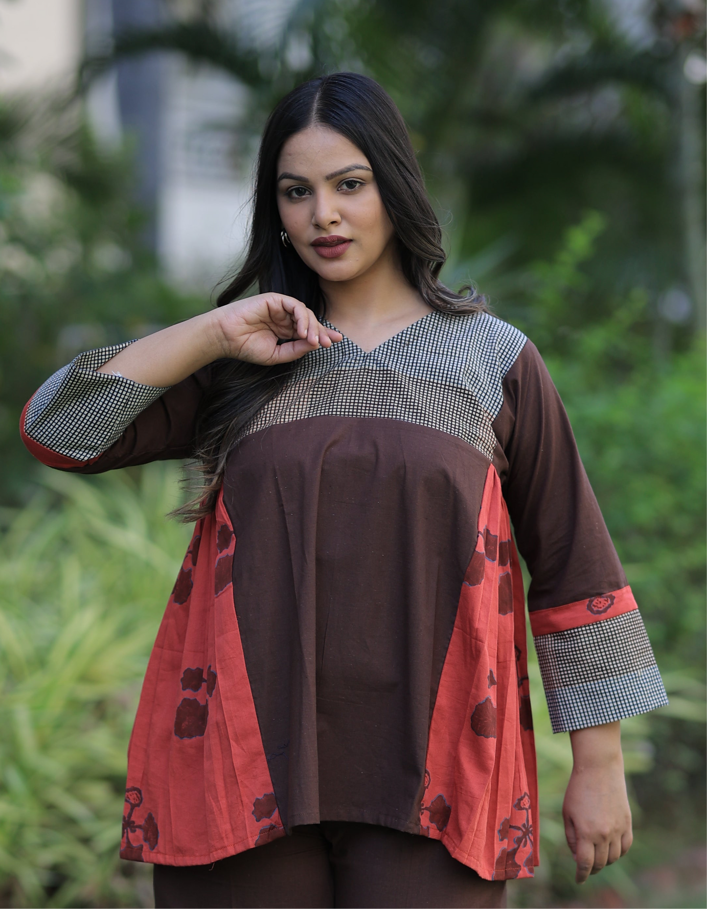 Top - Brown-Reddish Orange Checkered Kusum Print