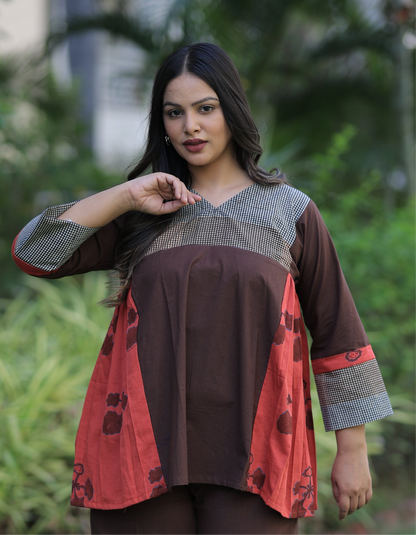 Top - Brown-Reddish Orange Checkered Kusum Print
