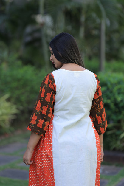 Brown Elephants Print Polka Pleated Kurta Set
