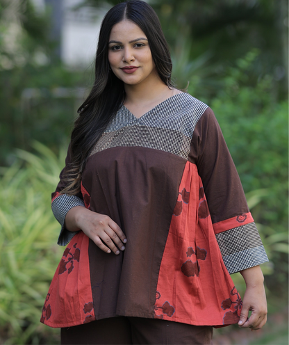 Top - Brown-Reddish Orange Checkered Kusum Print