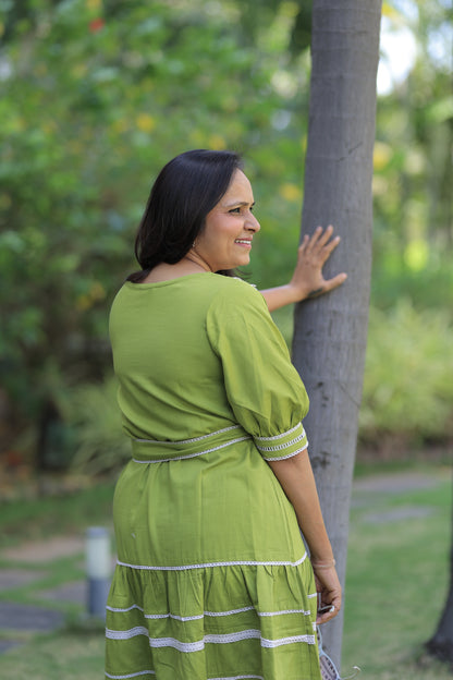 Crochet Lace Summer Midi Dress - Lime Green