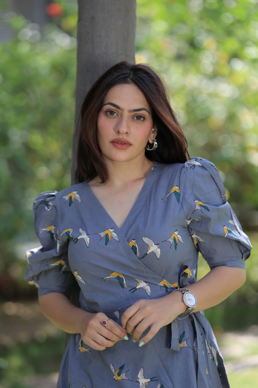 Flying Birds Midi Dress - Grey