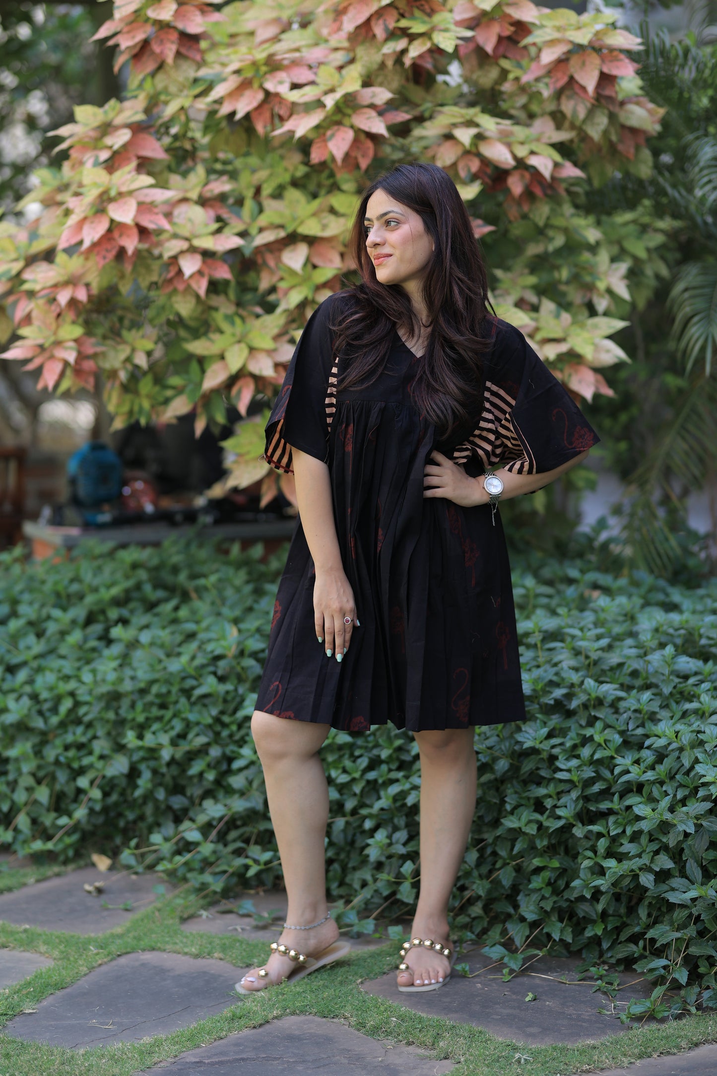 Rustic Black - Flamingo Striped Sleeves Short Summer Dress