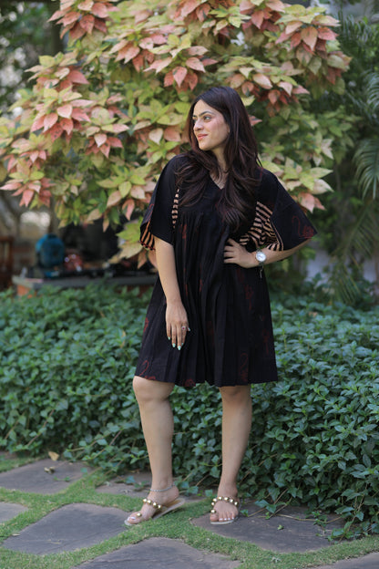 Rustic Black - Flamingo Striped Sleeves Short Summer Dress