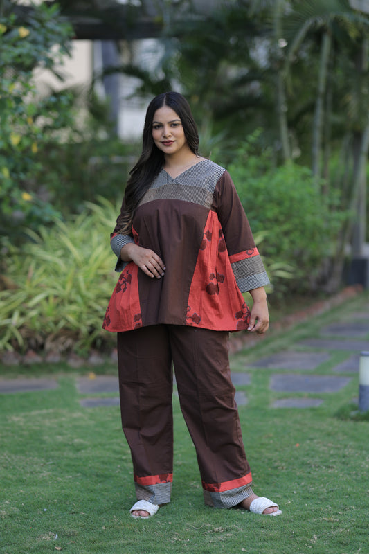 Brown-Reddish Orange Checkered Kusum Print Co-ord Set