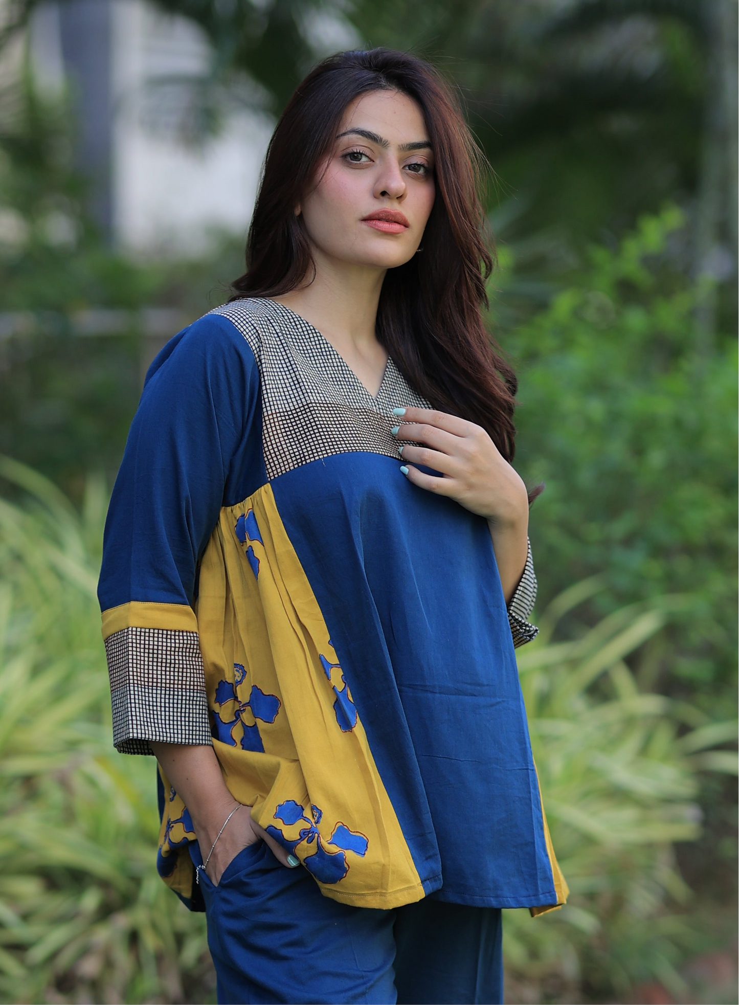 Top - Indigo - Mustard Checkered Kusum Print Co-ord set