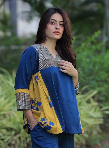 Top - Indigo - Mustard Checkered Kusum Print Co-ord set