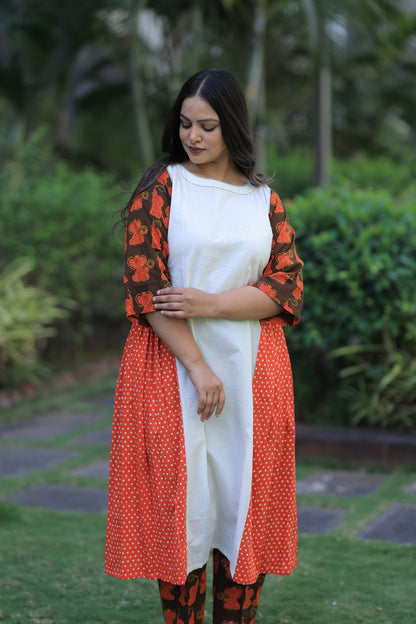 Brown Elephants Print Polka Pleated Kurta Set