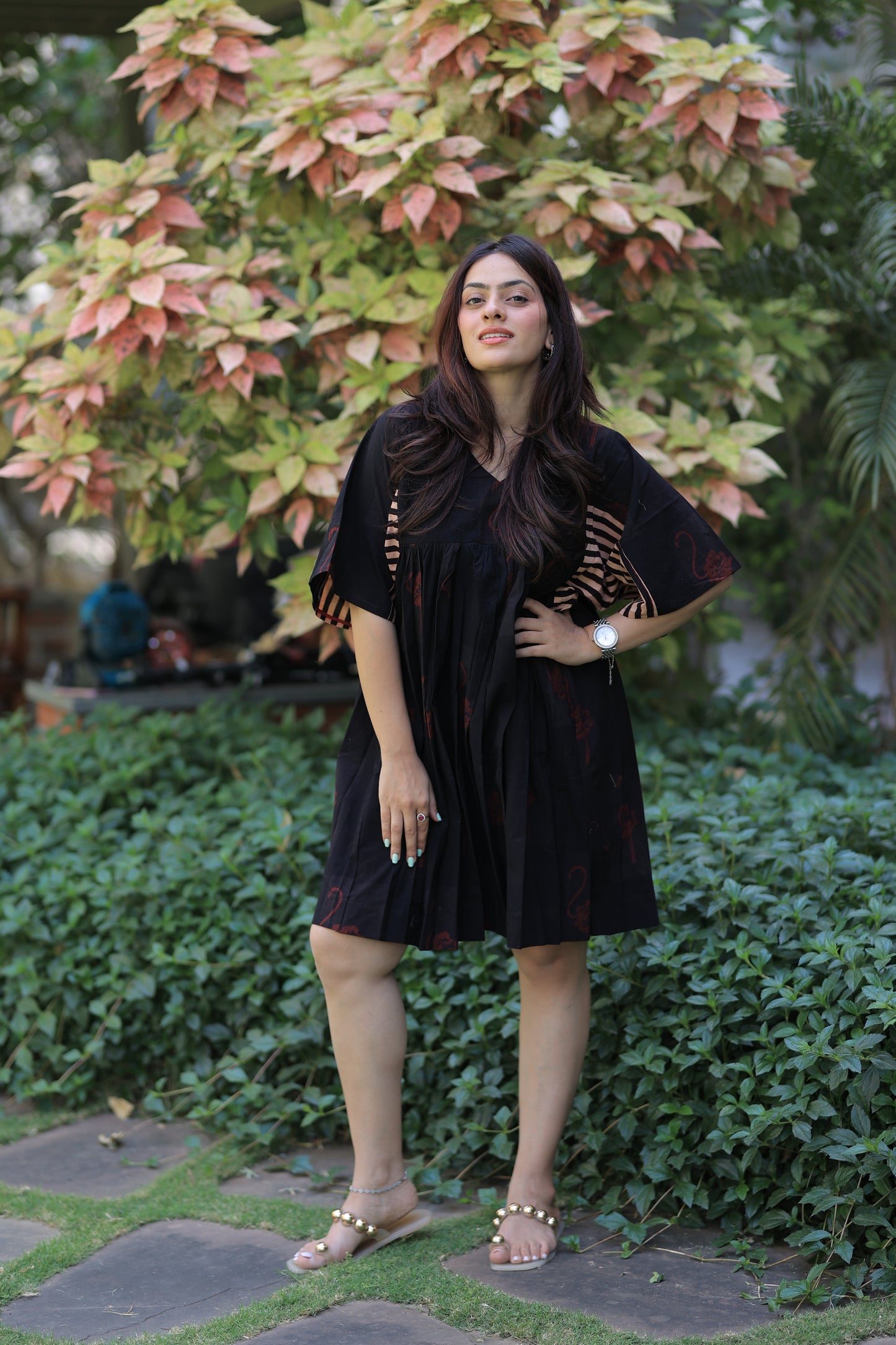 Rustic Black - Flamingo Striped Sleeves Short Summer Dress