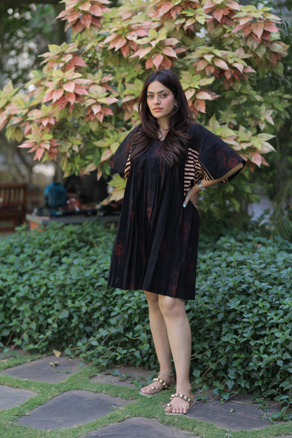 Rustic Black - Flamingo Striped Sleeves Short Summer Dress