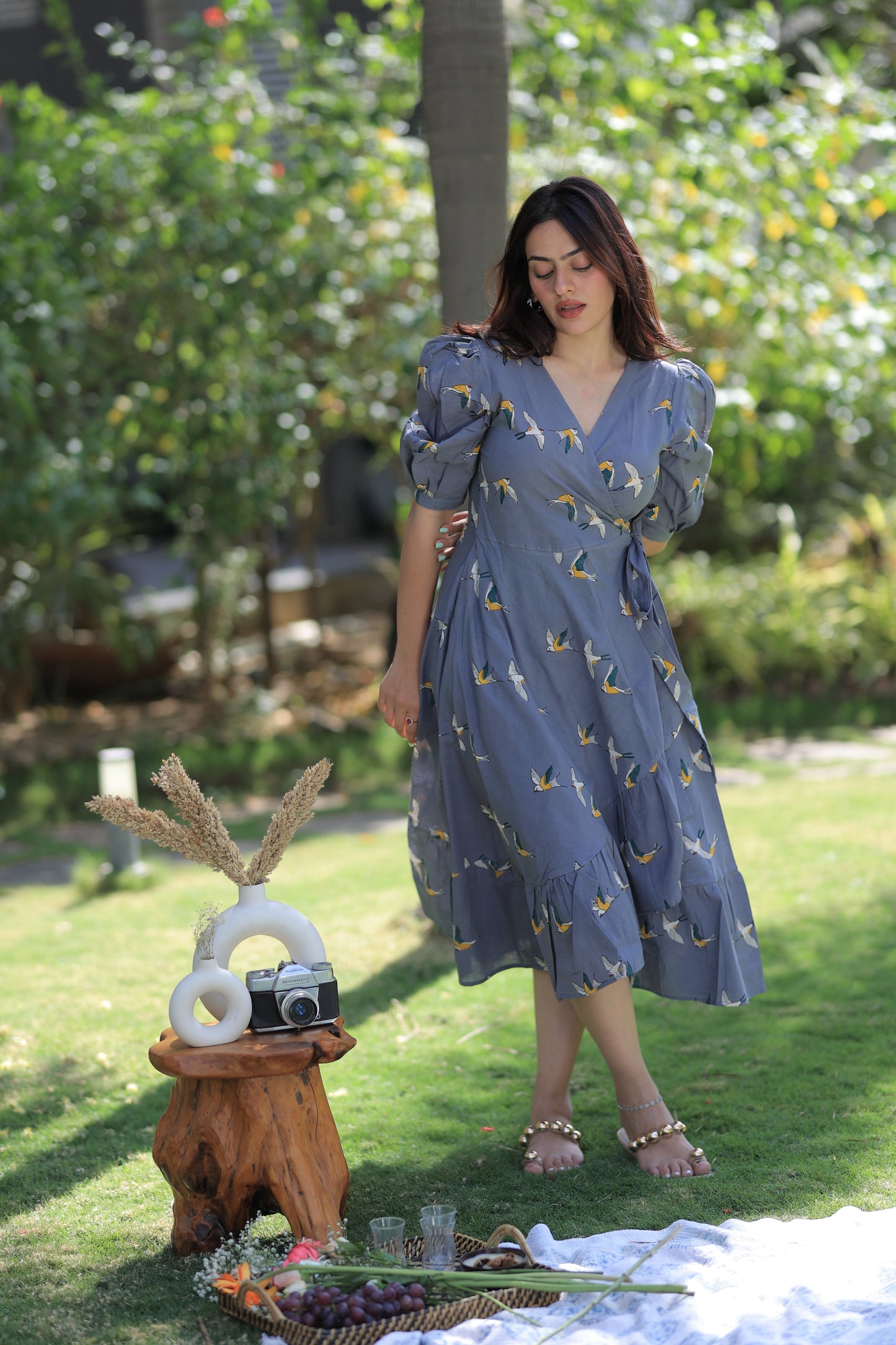 Flying Birds Midi Dress - Grey