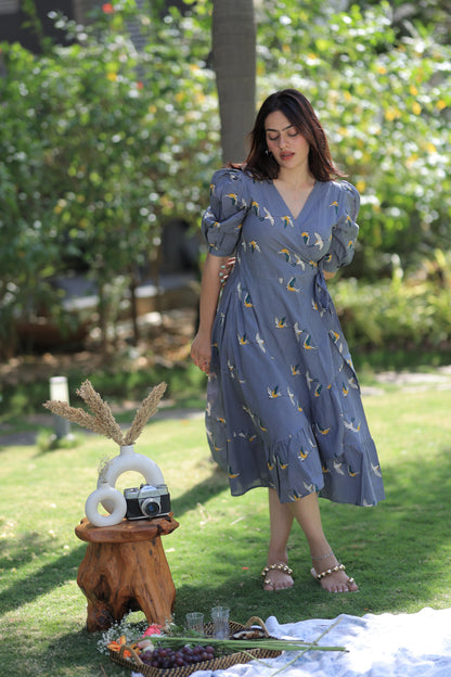 Flying Birds Midi Dress - Grey
