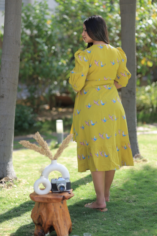Flying Birds Midi Dress - Mustard