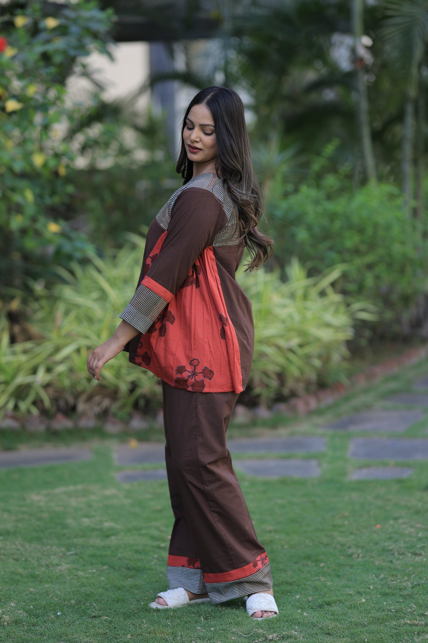 Brown-Reddish Orange Checkered Kusum Print Co-ord Set