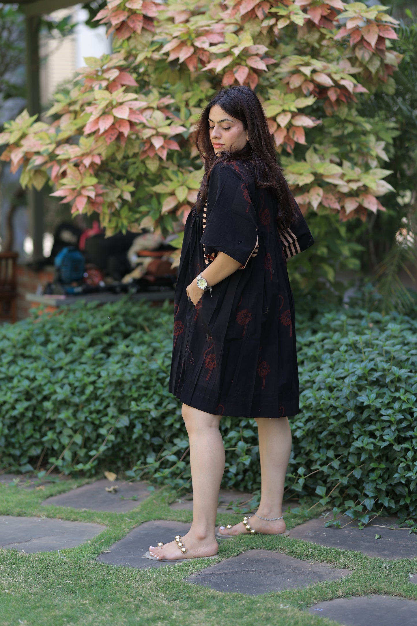 Rustic Black - Flamingo Striped Sleeves Short Summer Dress