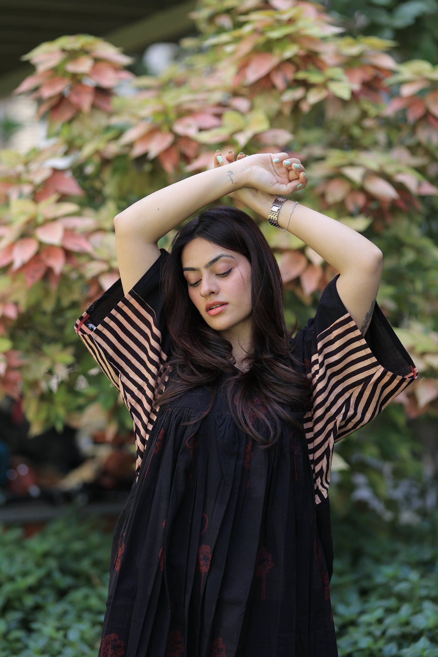 Rustic Black - Flamingo Striped Sleeves Short Summer Dress