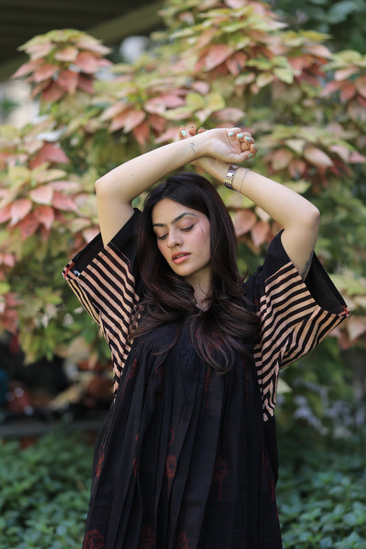 Rustic Black - Flamingo Striped Sleeves Short Summer Dress