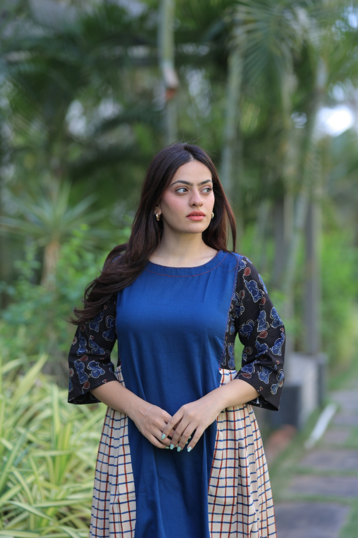Indigo Elephants Print Checkered Pleated Kurta Set