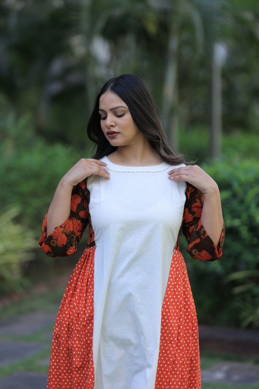 Brown Elephants Print Polka Pleated Kurta Set