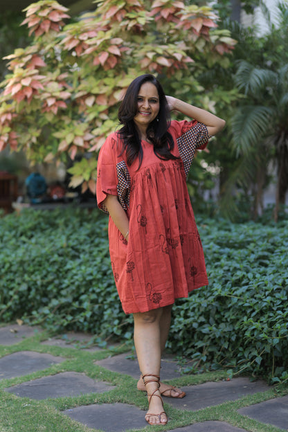 Reddish Orange Flamingo Checkered Sleeves Summer Dress