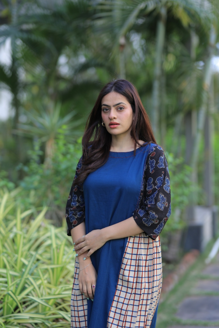 Indigo Elephants Print Checkered Pleated Kurta Set