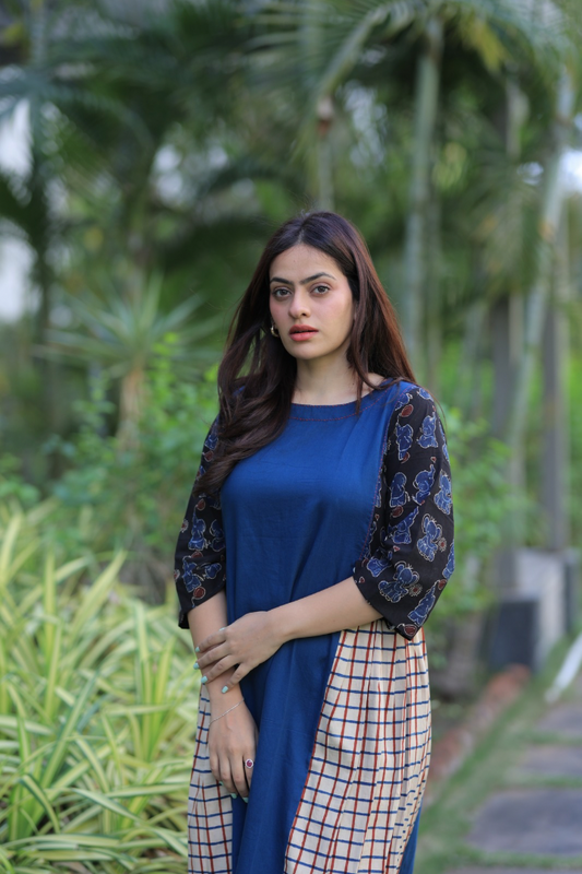 Indigo Elephants Print Checkered Pleated Kurta Set