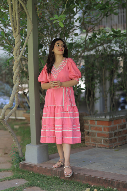 Crochet Lace Summer Midi Dress - Pink