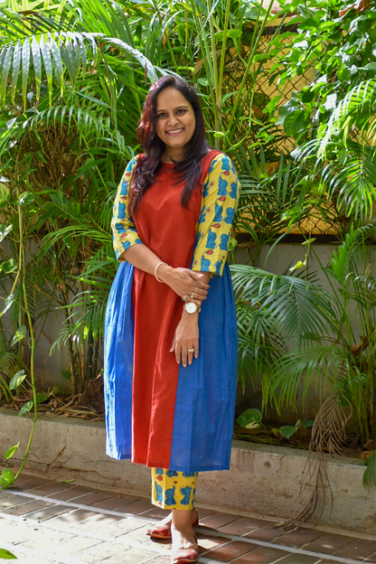 Yellow Elephant Print Stripe Kurta Set