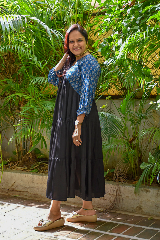 Ajarakh flared modal dress in Indigo and black