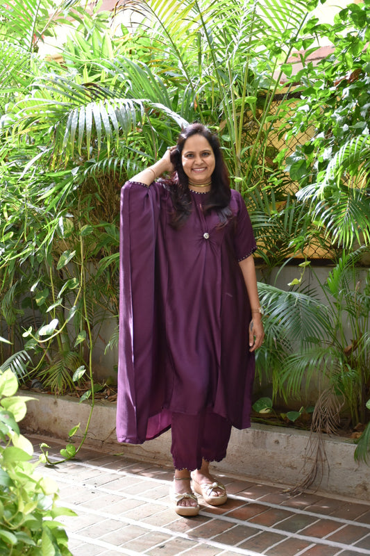 Wine Button kaftan With Hand Work And Pants