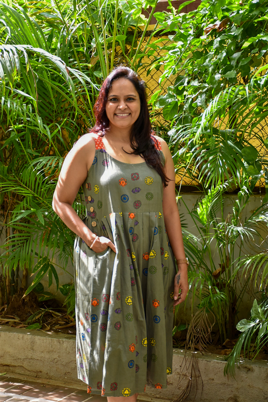 Olive Green 7 Chakras-Yellow Polka Stripes Button Dress