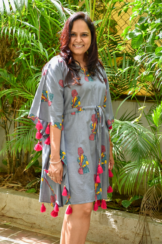 Grey Bagpack Girl Boho Tassels Kaftan