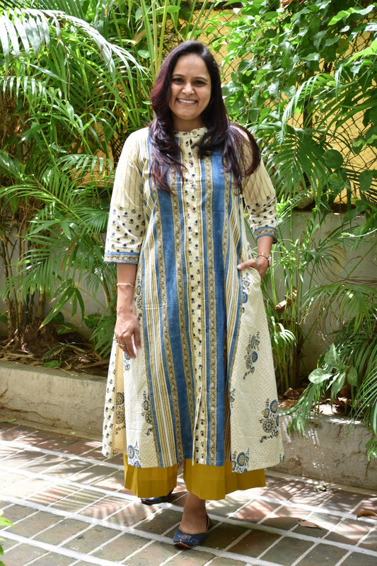 Ivory Mustard Yellow Button Down Kurta Set