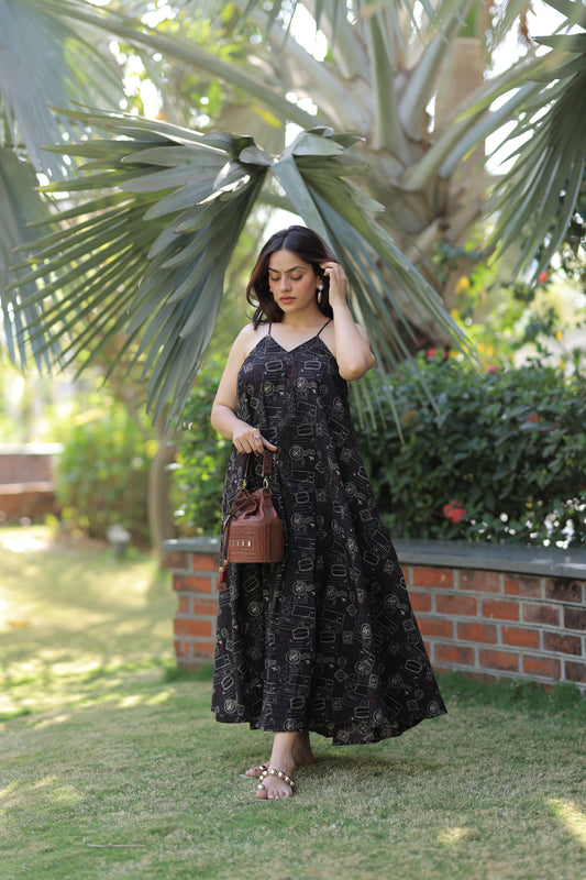 Passport Stamps Beach Maxi Dress - Rustic Black